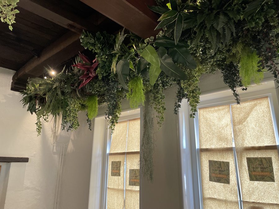 Hanging plants along the ceiling · ceiling planting · with beams