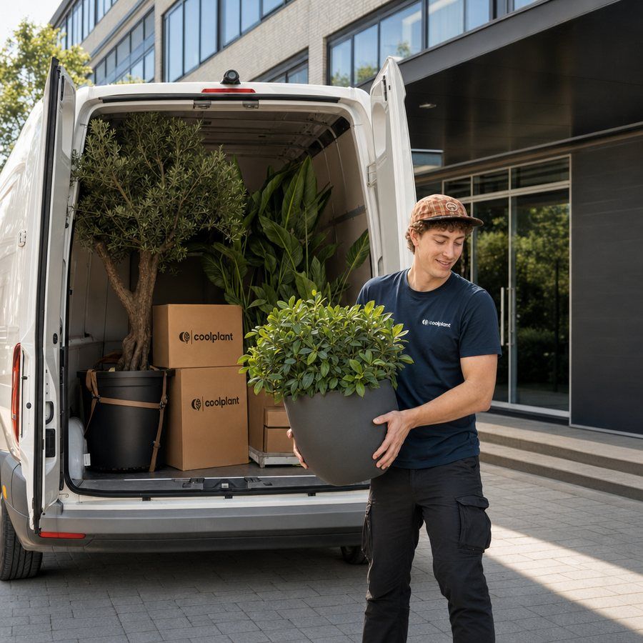 Monteur van Coolplant levert kunstbomen en kunstplanten af met de bus