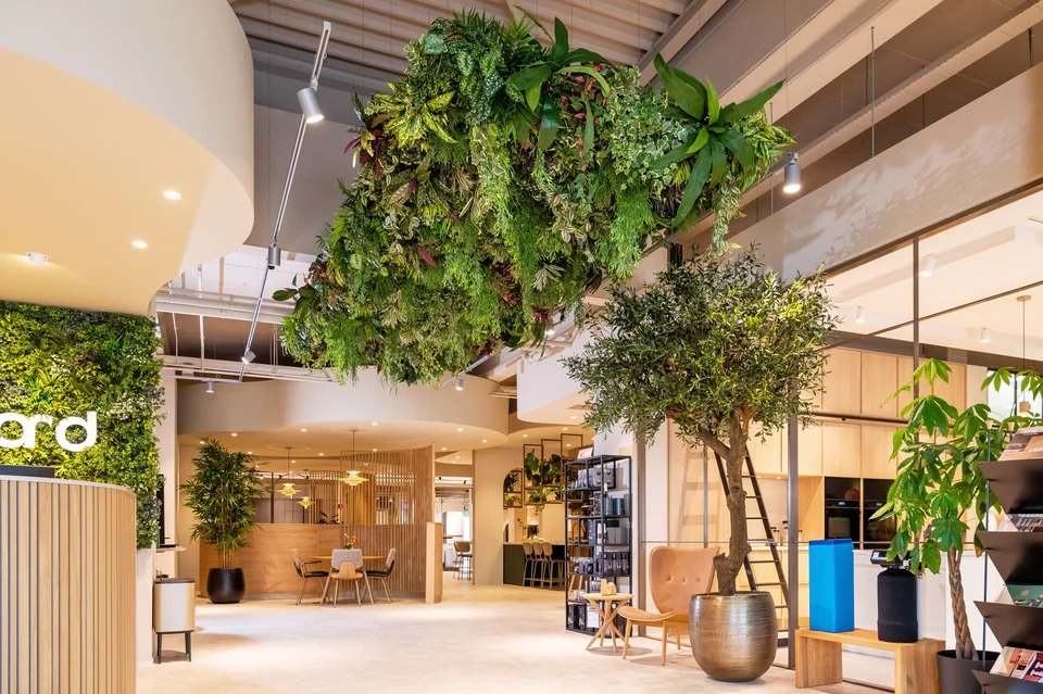 Kunsthangplanten en kunstbomen in een kantoor