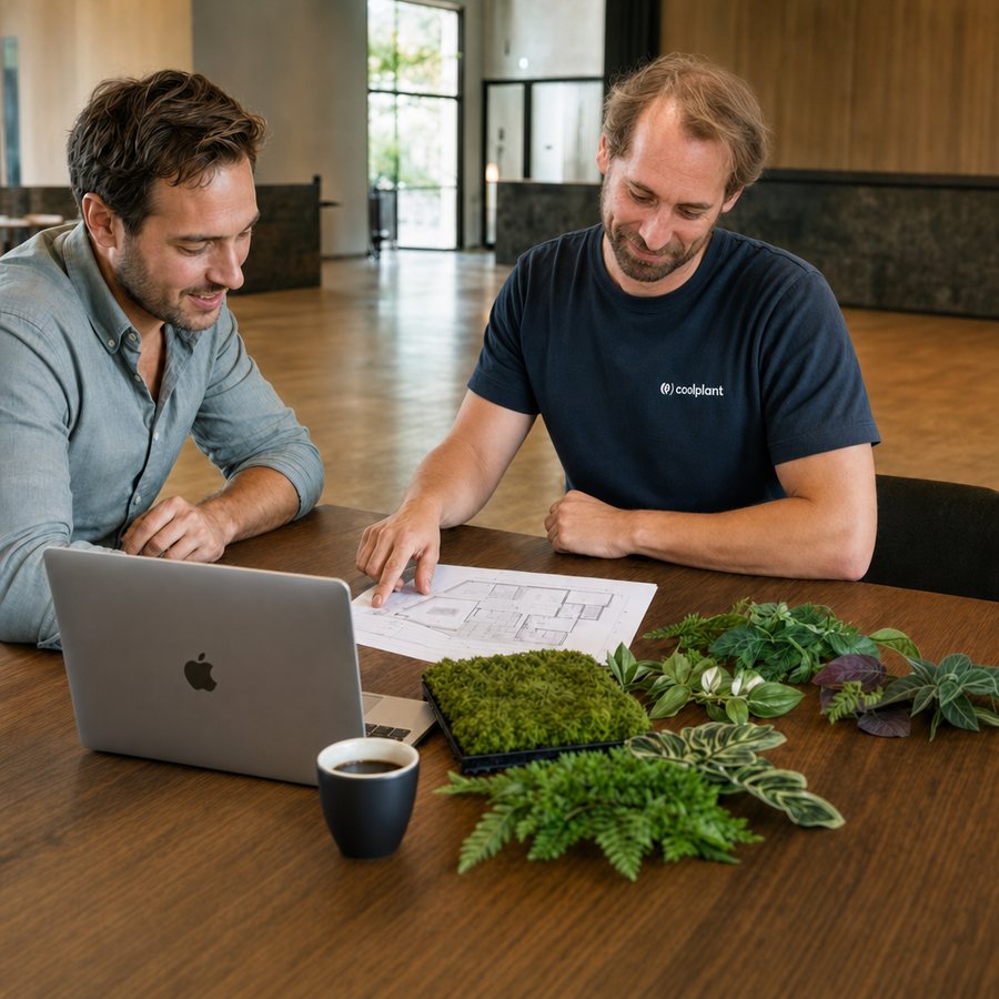 Lennard van Coolplant in een adviesgesprek met plattegrond en staaltjes