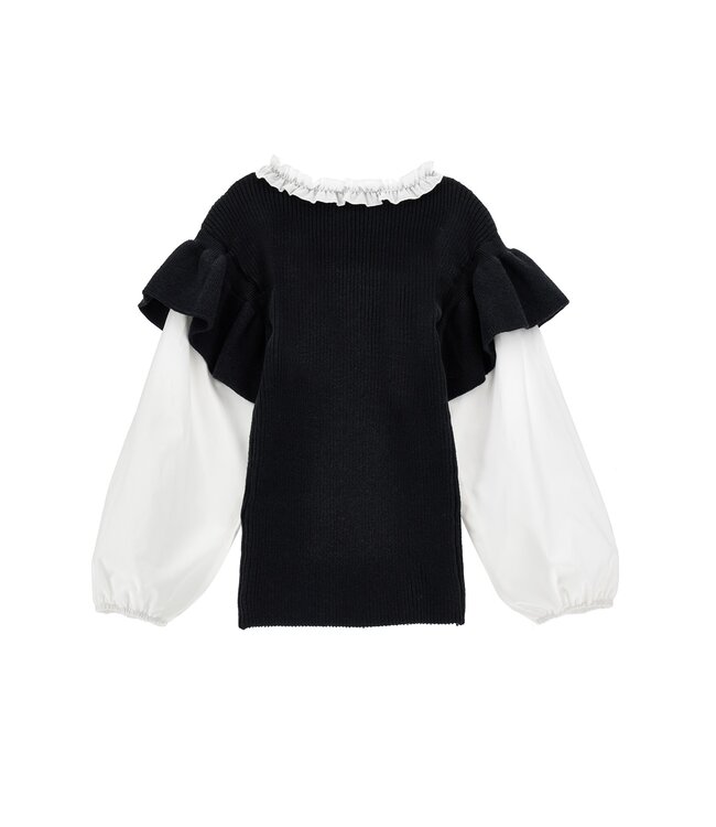 Monnalisa Top Zwart/Wit Ruffel Kraag