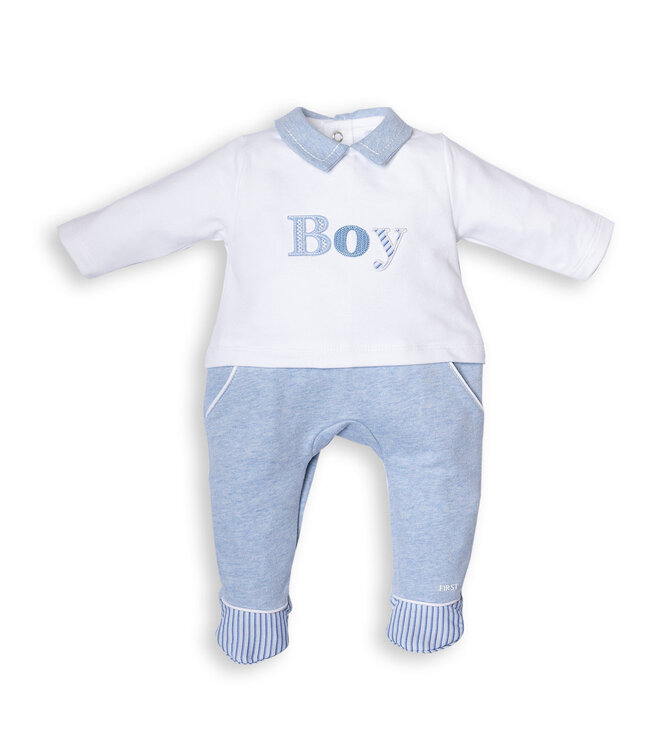 First First BO B Rompersuit Boy White/Azzuro