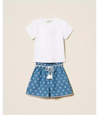 Twinset 2 Delige set T-Shirt wit+ Short embroidered denim