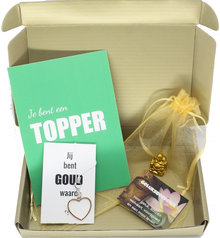 Brievenbuskadootje 'je bent een topper' in gouden doosje | - eenbeetjegeluk.nl