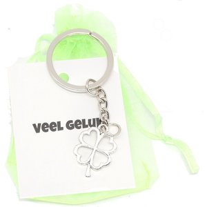 Sleutelhanger zilverkleurige klavertje vier en kadozakje | eenbeetjegeluk.nl