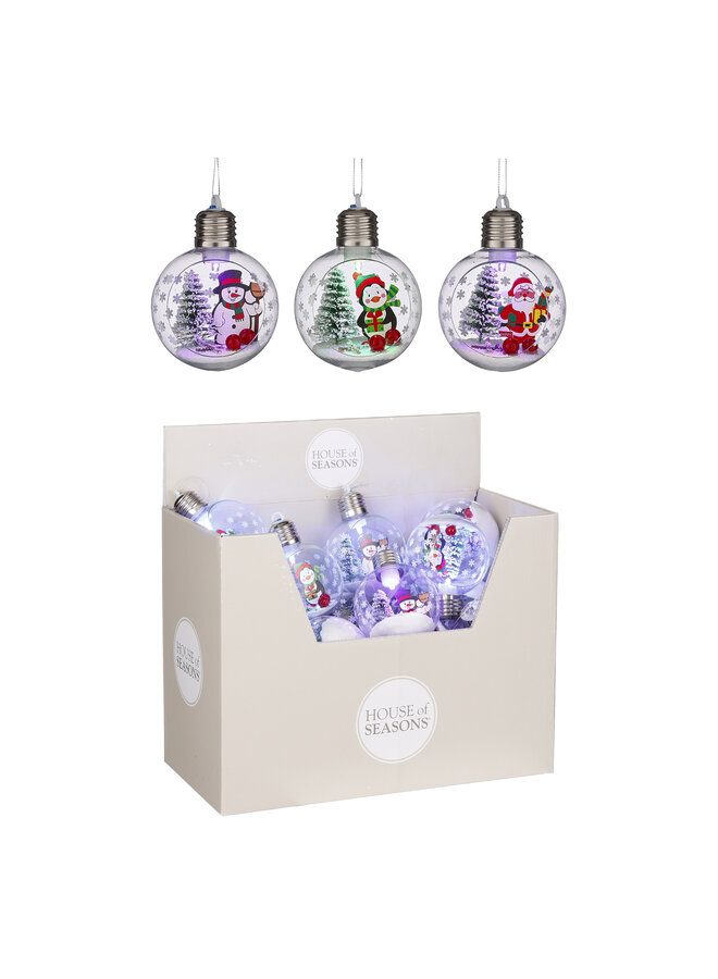 Ornament kerstman sneeuwman pinguin groen 3 assorti led battery operated display