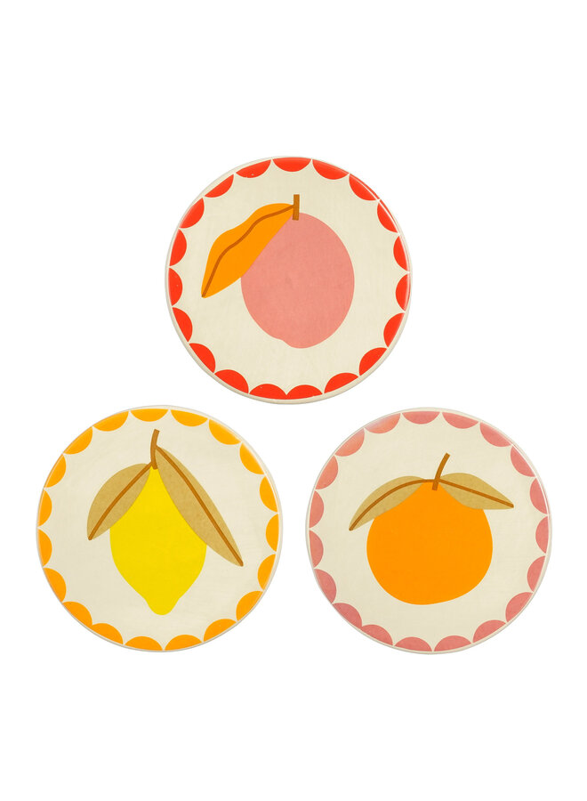 Onderzetter fruit roze geel oranje 3 assorti