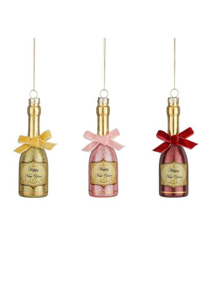 Ornament champagnefles glas goud bordeaux roze 3 assorti
