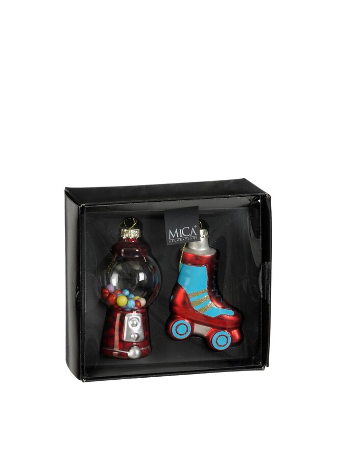 Decoratie ornament rolschaats kauwgomballen automaat rood 2 stuks
