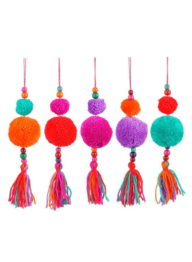 Ornament pom pon oranje fuchsia paars rood groen 5 assorti