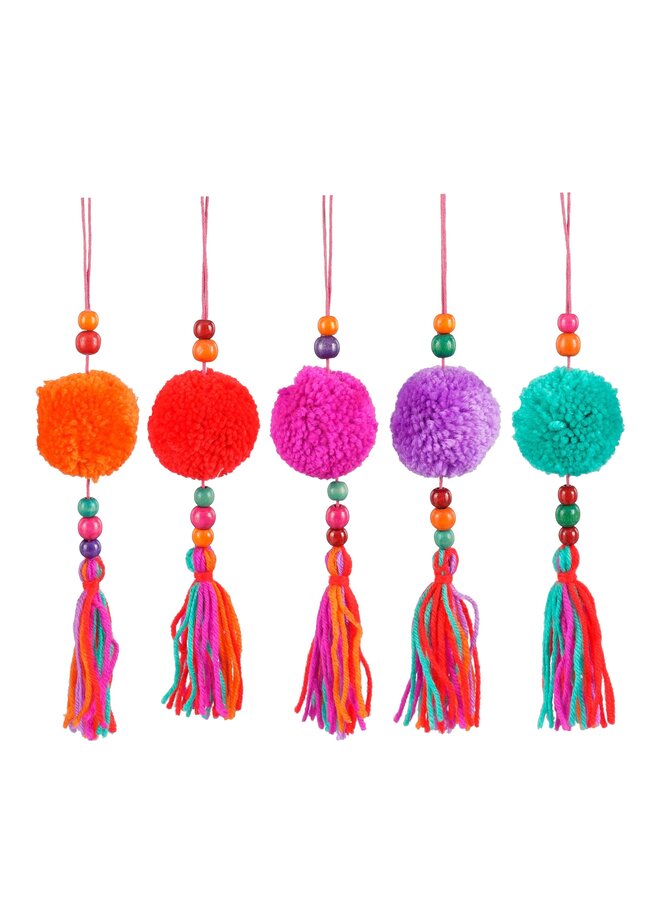 Ornament pom pon oranje fuchsia paars rood groen 5 assorti
