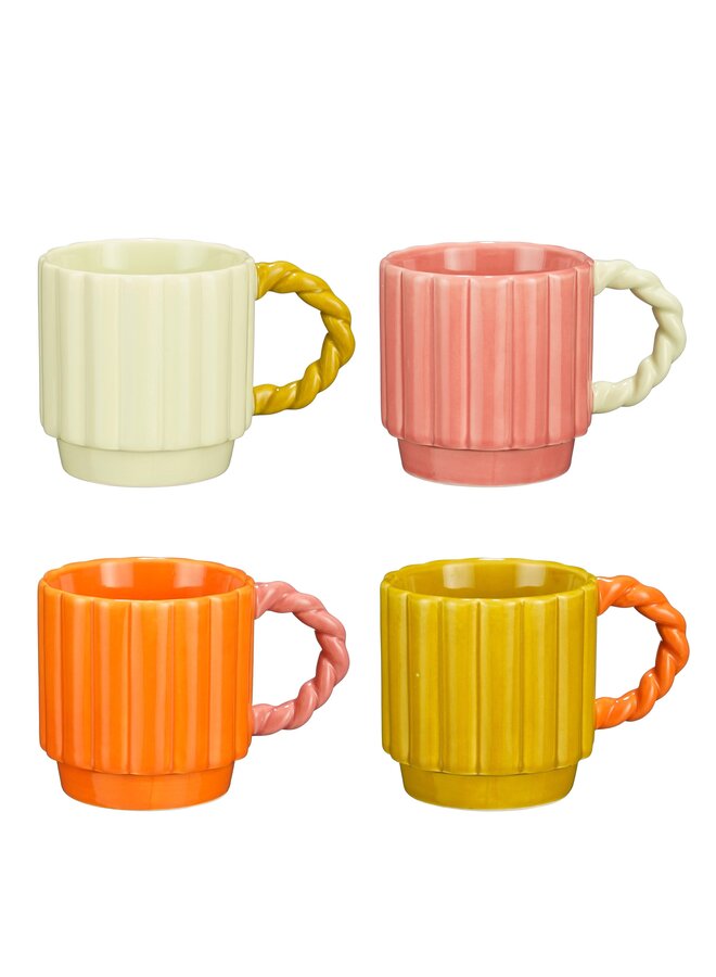 Lizzy mok oranje geel roze l.groen 4 assorti