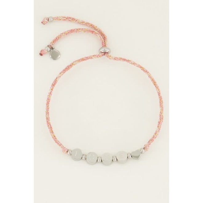 Touw armband love zilverkleurig