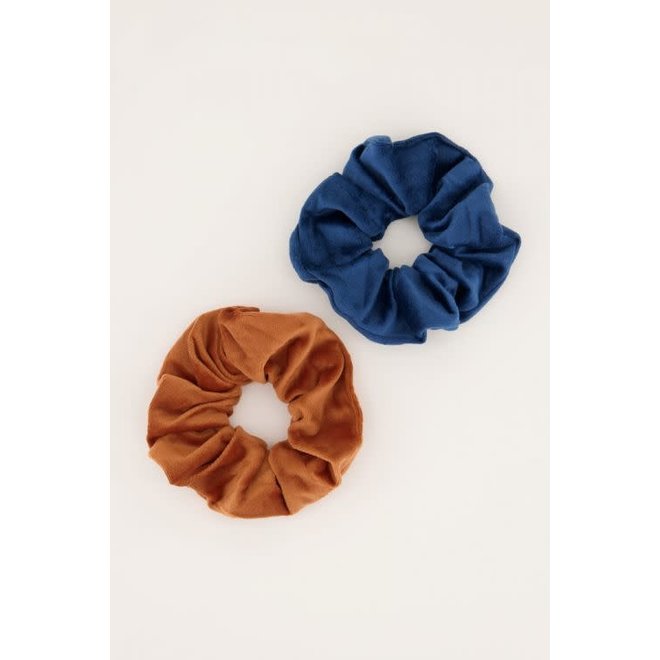 Blauw & bruine velvet scrunchie set