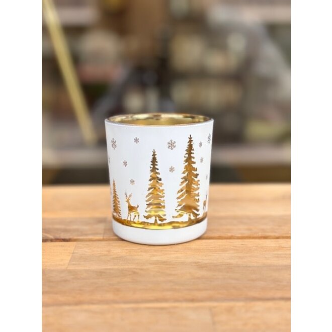 Votive gold frosted trees white 7x7x9 cm