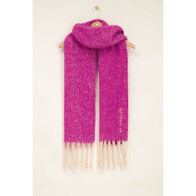 Paarse sjaal met gedraaide franjes
