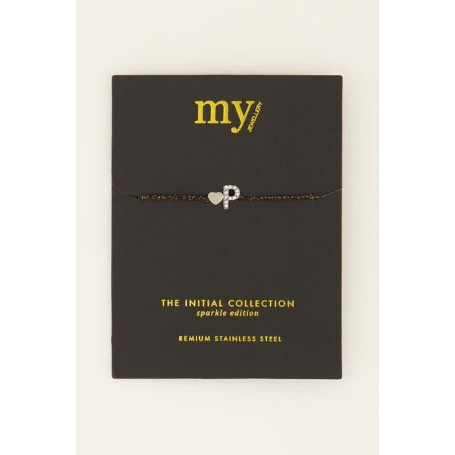 Zwarte initial armband P zilver