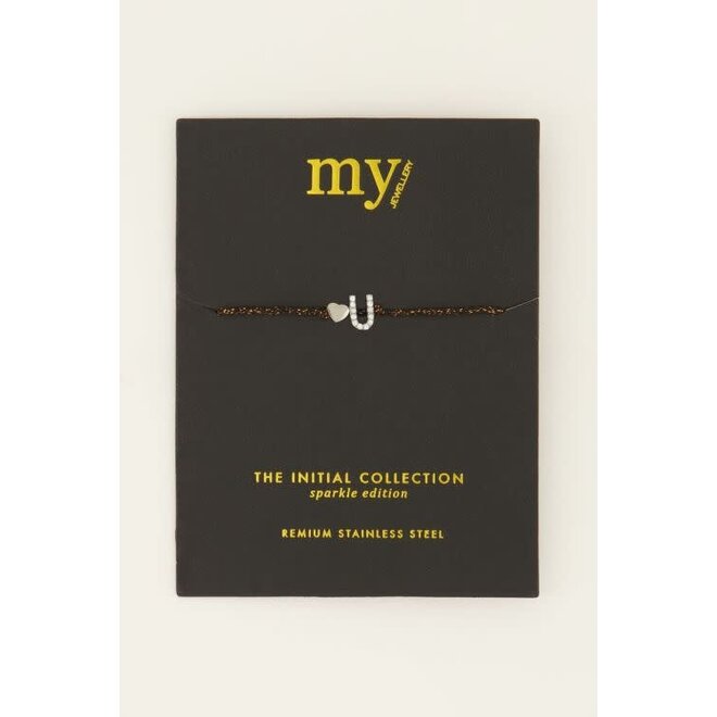 Zwarte initial armband U zilver