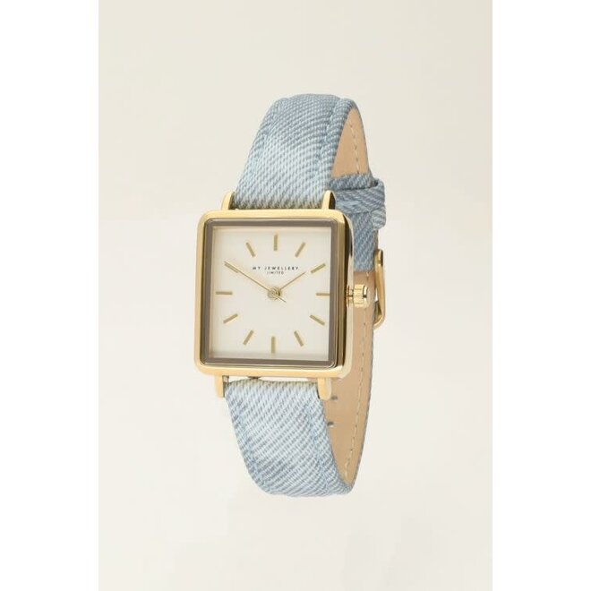 Vierkant horloge met denim band goudkleurig