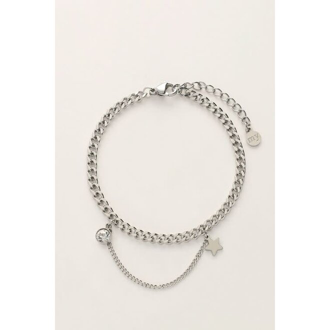 Schakelarmband met strass steentje & sterretje zilverkleurig
