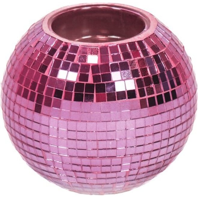 Kaarshouder - Theelichthouder - Disco - Waxinelicht - Glas - Roze - 10,5x10,5x8,5cm.