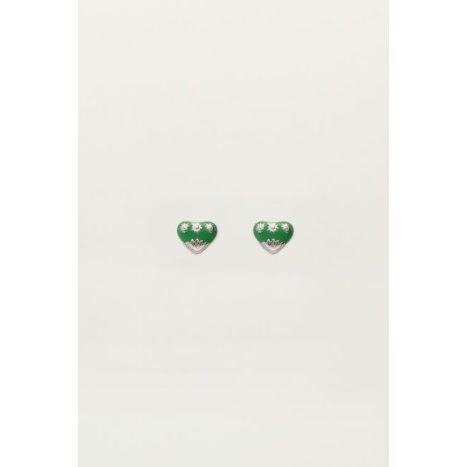 Studs groen mini hart zilverkleurig