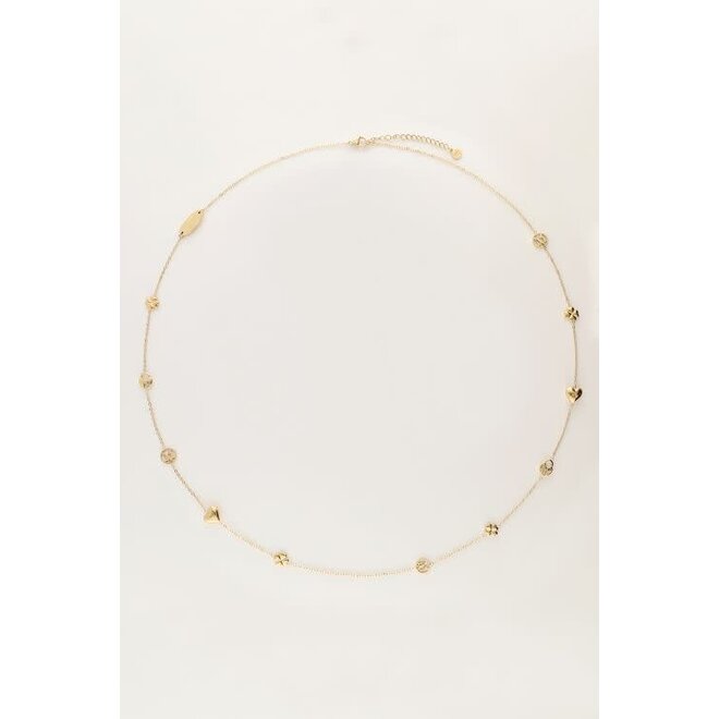 Iconic lange ketting met hartjes en klaver goud