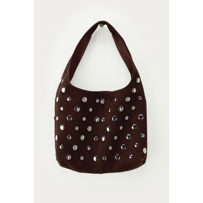 Donkerbruine schoudertas met grote studs