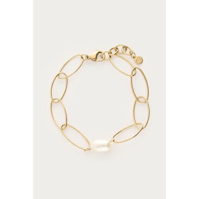 Bold schakelarmband met zoetwaterparels goudkleurig