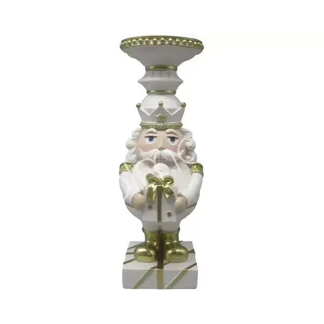 Candle holder pillar nutcracker white/gold resin 14x12x32