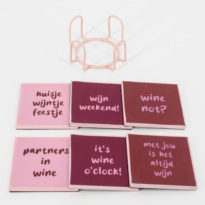 Set van 6 onderzetters met rekje wijn