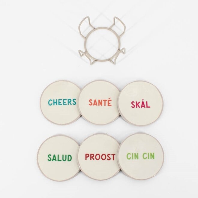 Set van 6 onderzetters met rekje tekst proost