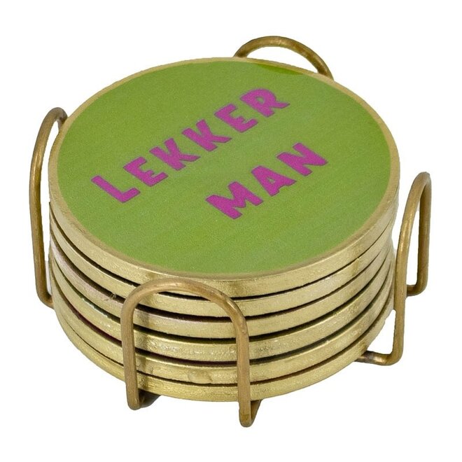 Set van 6 onderzetters met rekje tekst lekker man