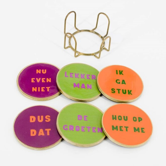 Set van 6 onderzetters met rekje tekst lekker man