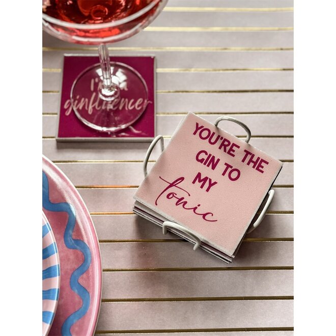 Set van 6 onderzetters met rekje tekst gin