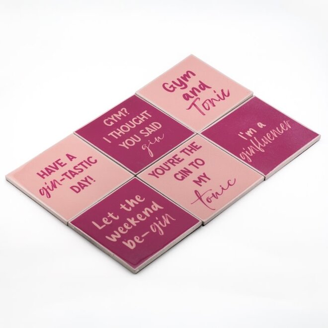 Set van 6 onderzetters met rekje tekst gin