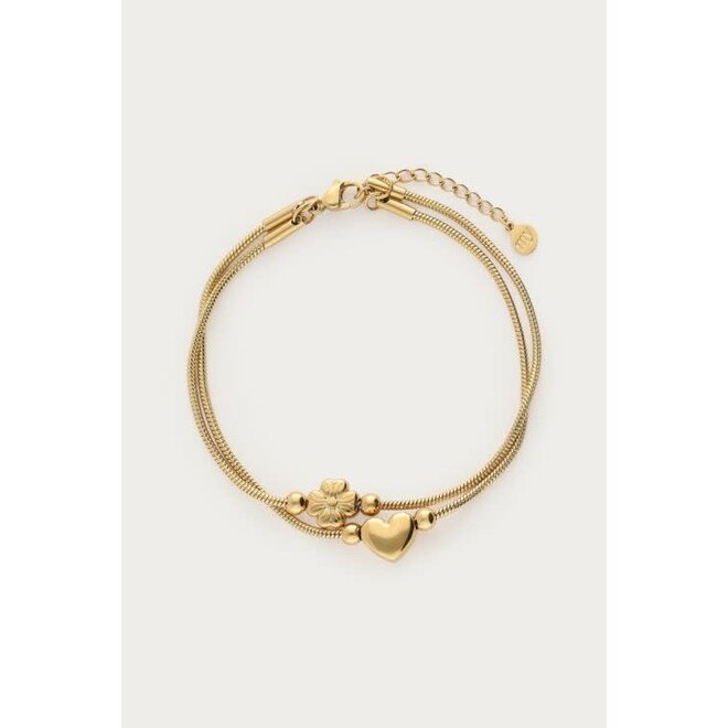 Gratitude dubbele armband hart en klaver Goudkleurig