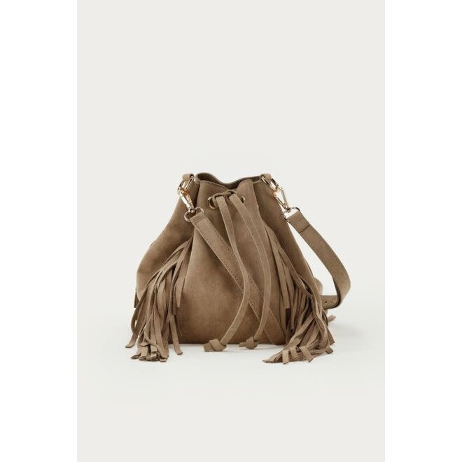 Taupe crossbody tas in suède look met franjes