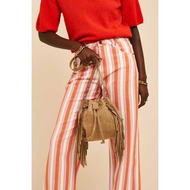 Taupe crossbody tas in suède look met franjes