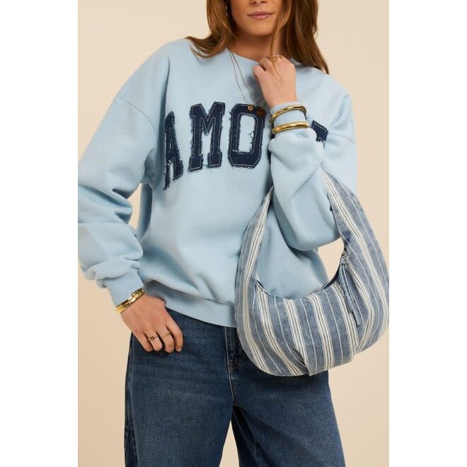 Blauwe denim schoudertas met strepen