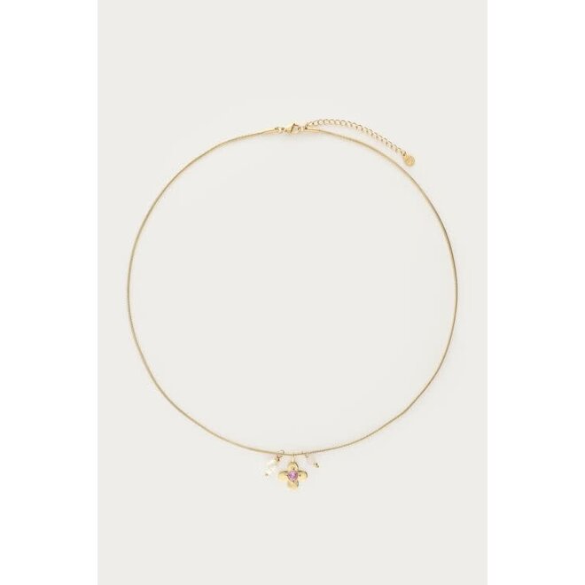 Botanical ketting met bloem en roze strass steen