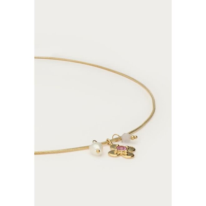 Botanical ketting met bloem en roze strass steen