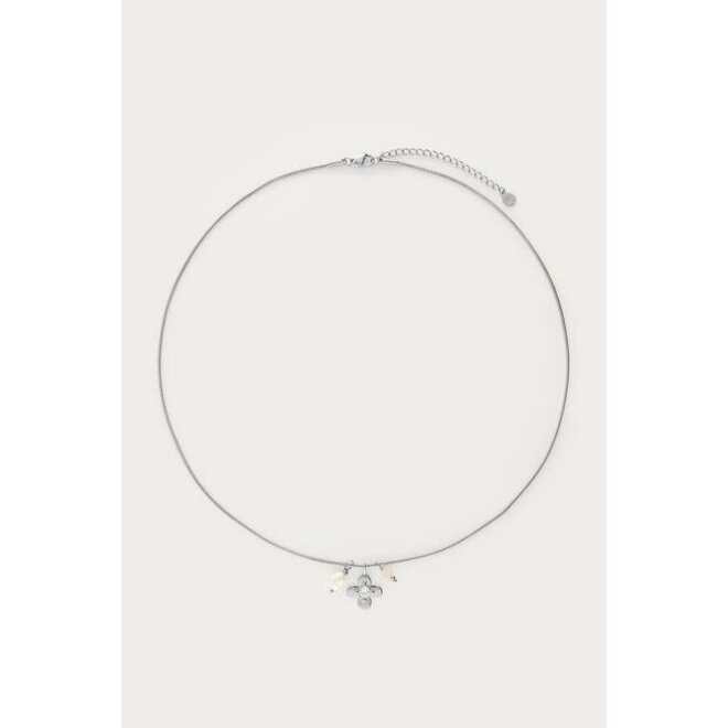 Botanical ketting met bloem en strass steen zilverkleurig
