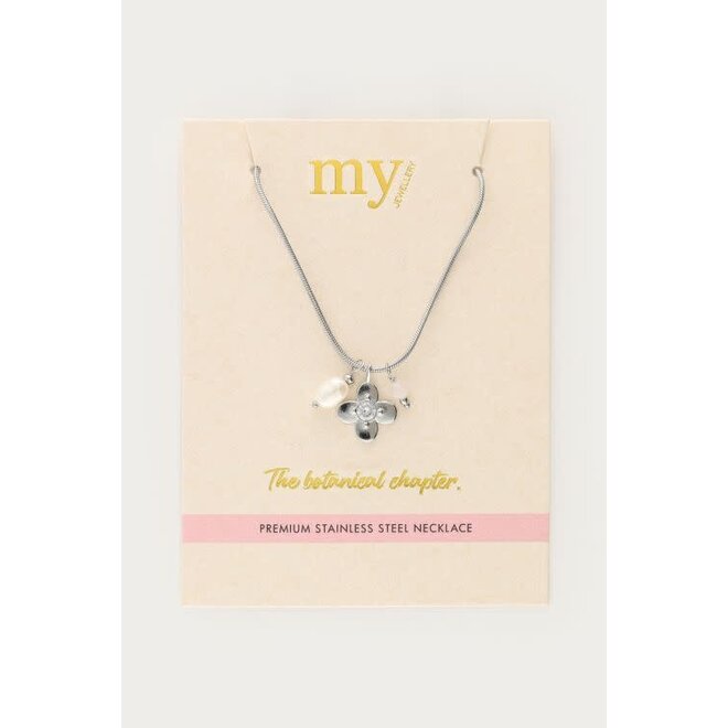 Botanical ketting met bloem en strass steen zilverkleurig
