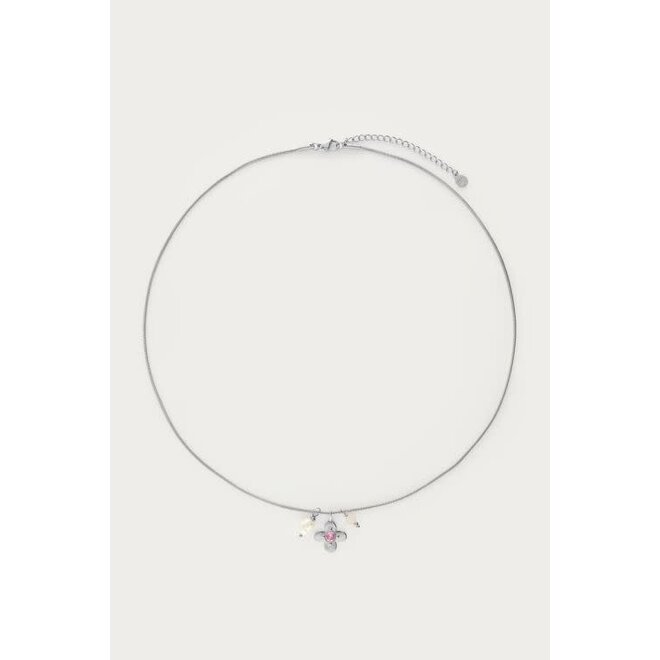 Botanical ketting met bloem en roze strass steen zilverkleurig