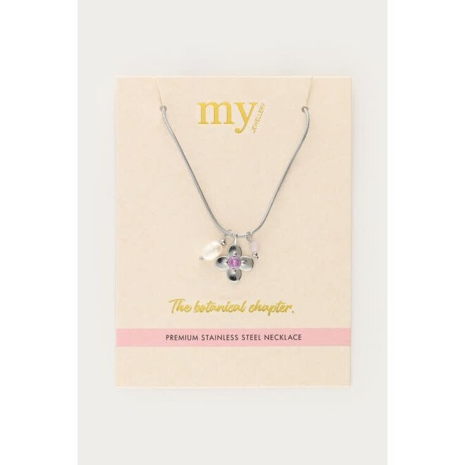 Botanical ketting met bloem en roze strass steen zilverkleurig
