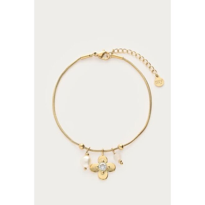 Botanical armband met bloem en strass steen goudkleurig