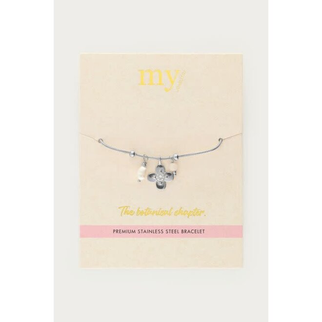 Botanical armband met bloem en strass steen zilverkleurig
