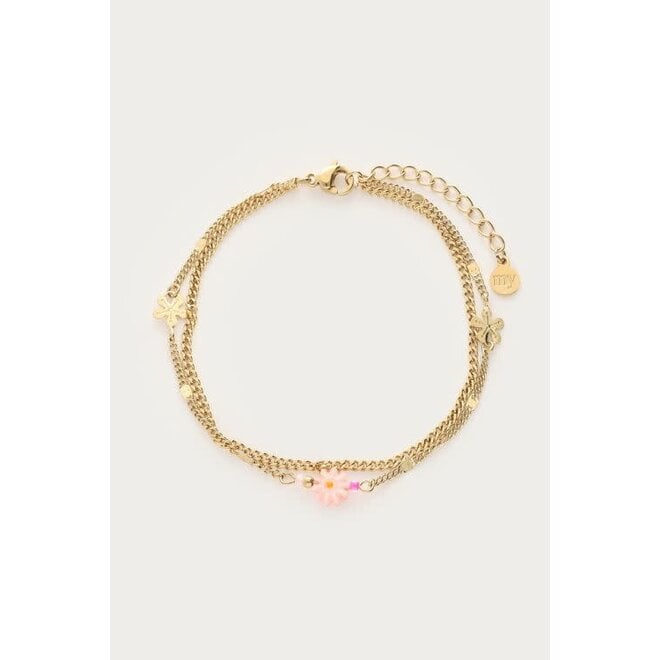 Botanical dubbele armband met roze kleine bloem
