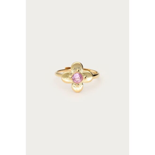 Botanical ring met bloem en roze strass steen goudkleurig